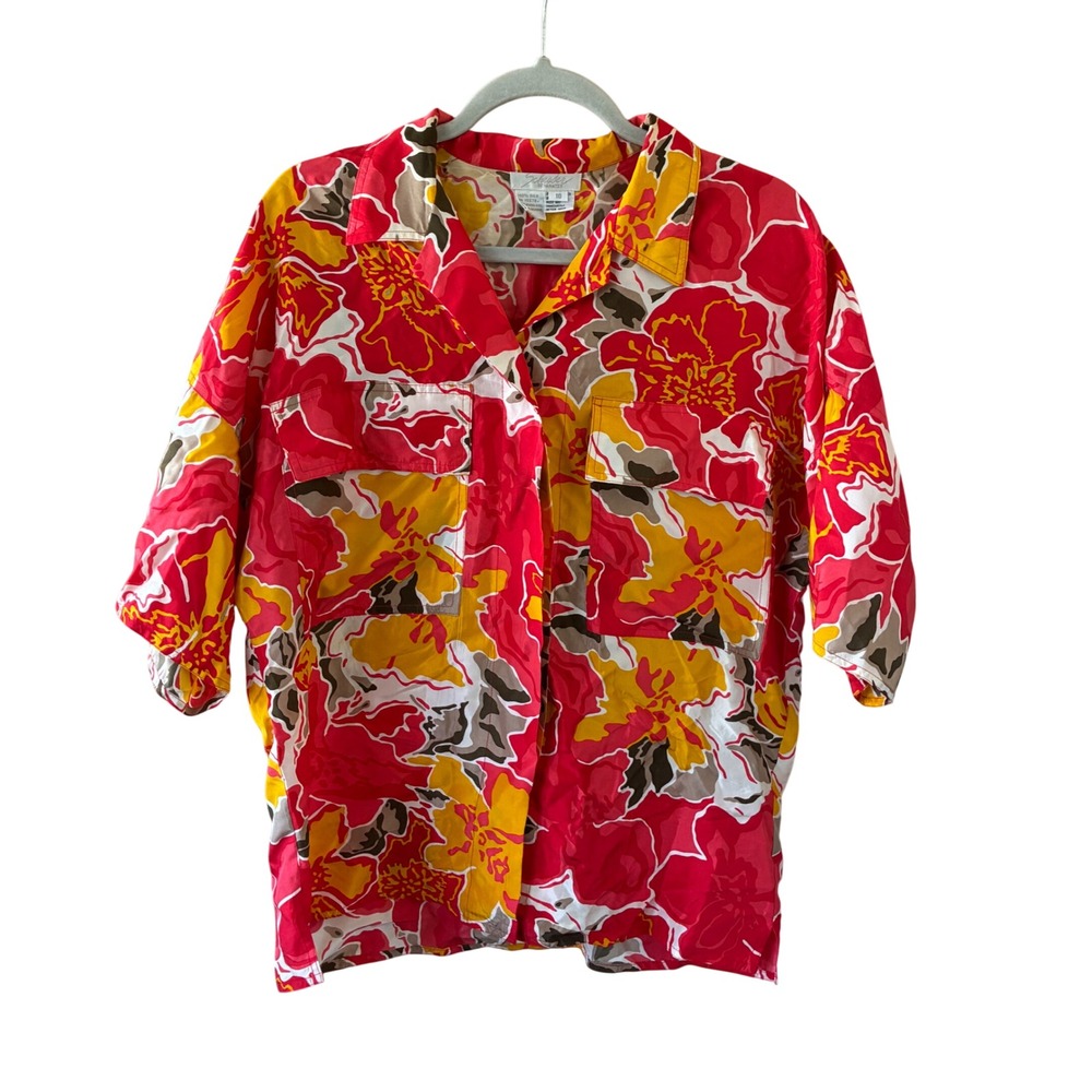 Schroder Separates Silk Floral Hawaiian Shirt unisex 10 Red Yellow Vintage Retro
